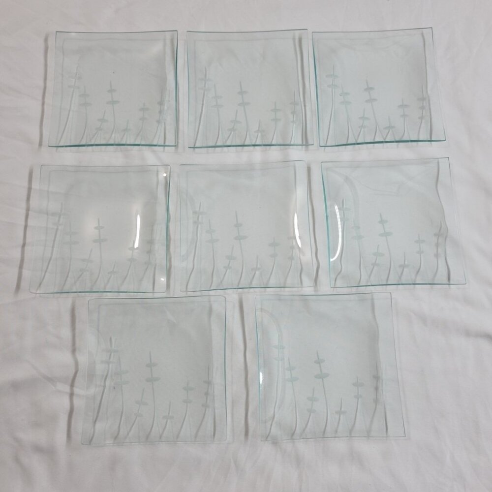 Convex Etched Glass Plates Square Set Of 8 EUC Bamboo Willow Art 6x6 Inches